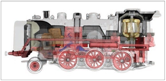 Obr. 1 Řez lokomotivou elektrické modelové železnice, zobrazeno v pseudo barvách